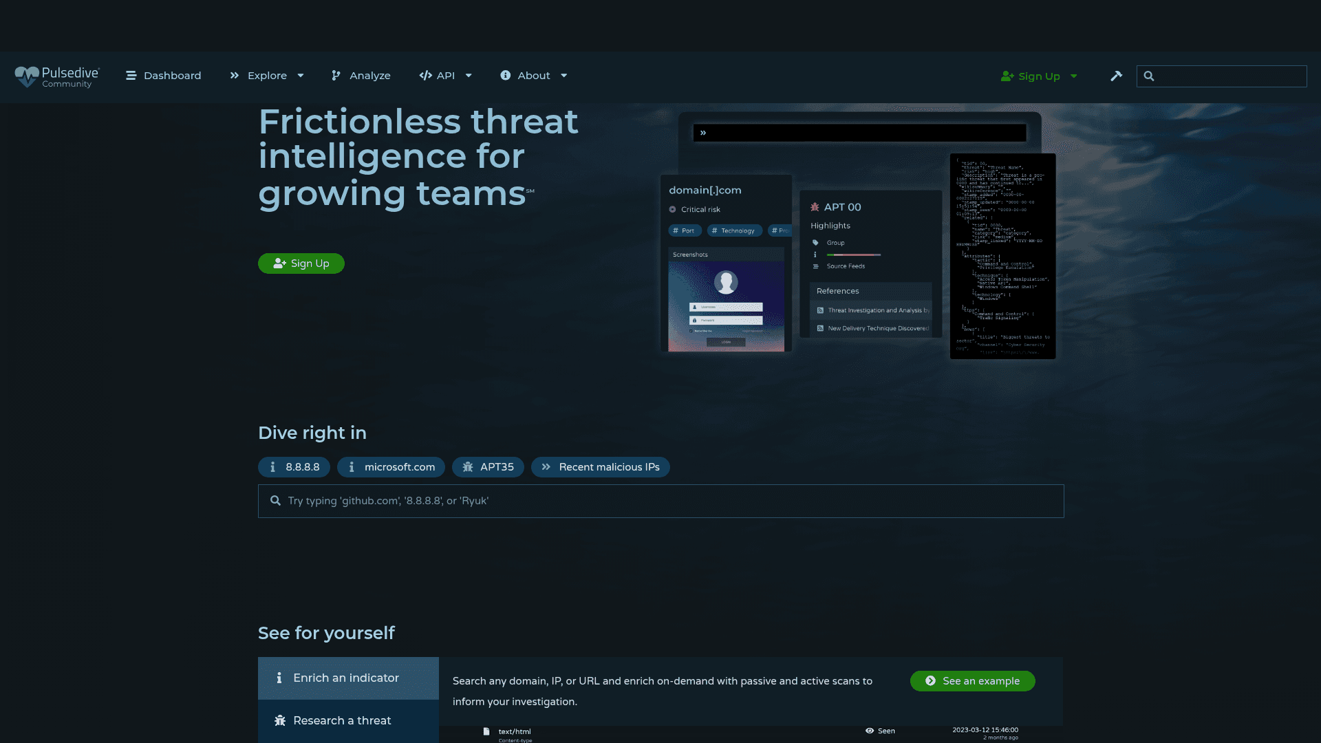 Pulsedive homepage screenshot