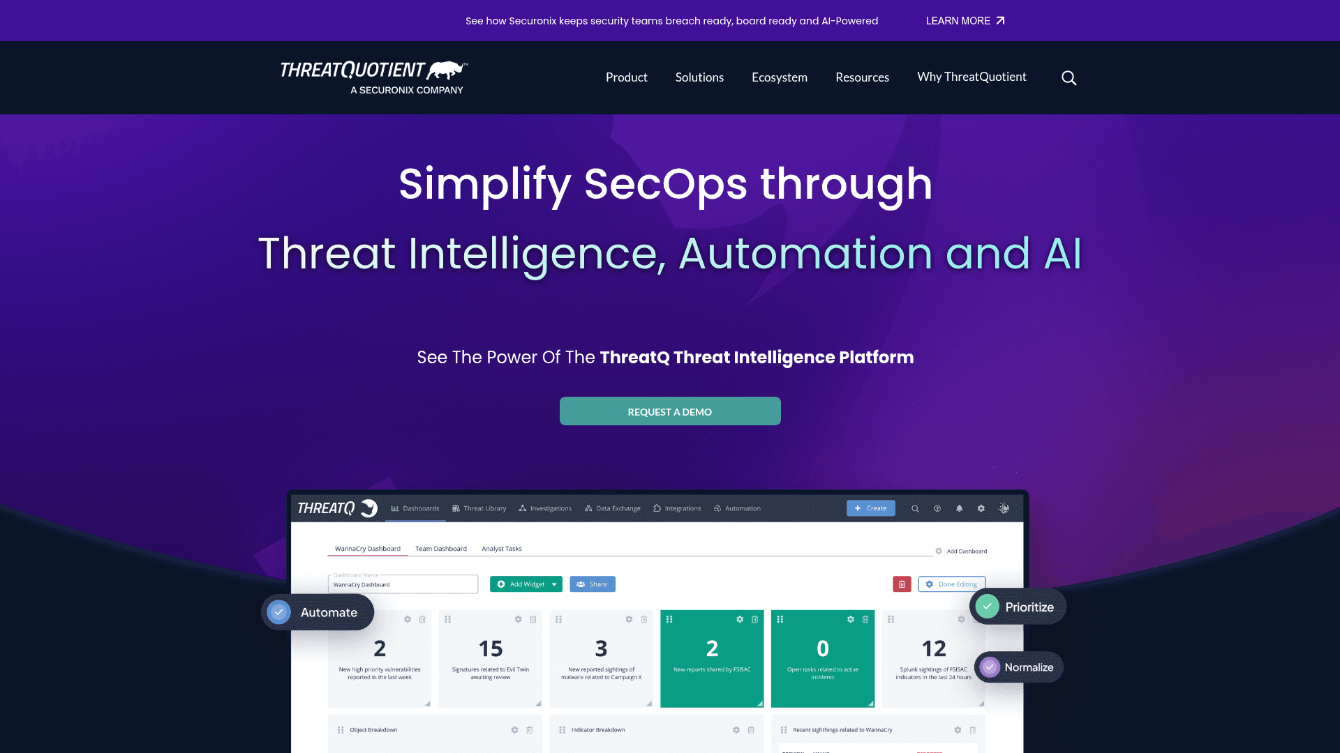 ThreatQuotient homepage screenshot