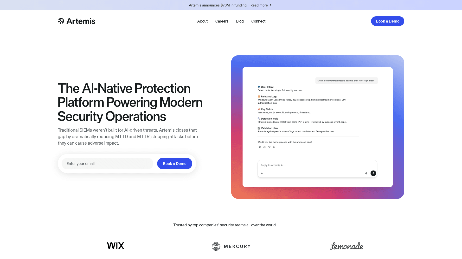 Artemis Security homepage screenshot