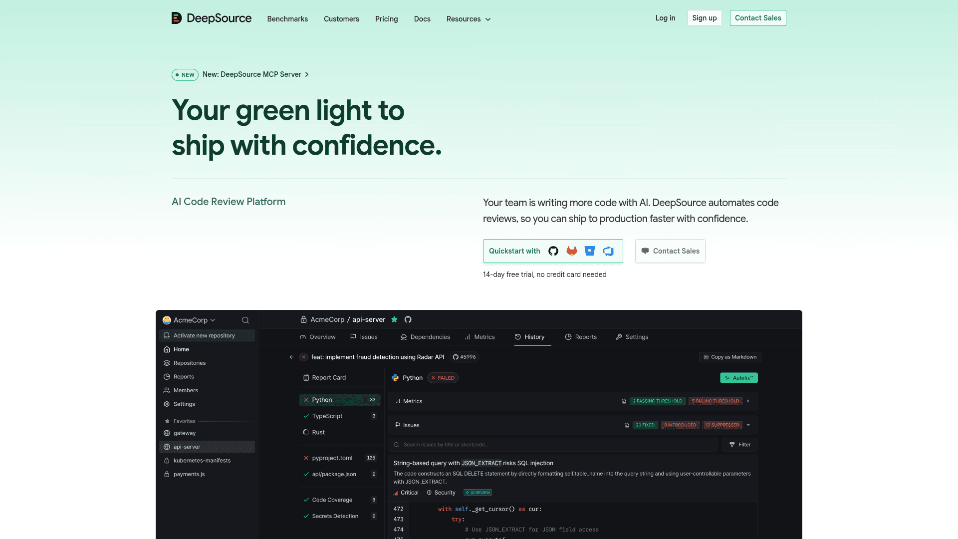 DeepSource homepage screenshot